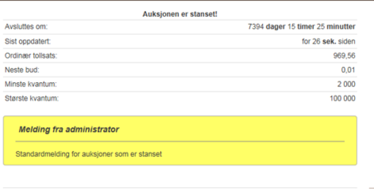 Skjermdump som viser auksjon status eksempel til auksjon av importkvoter