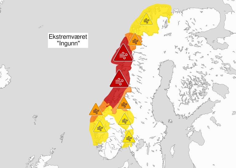 Værkart ifm ekstremværet Ingunn som advarer mot ekstreme vindkast i Midt-Norge.  Skjermdump fra Meterologisk institutt.