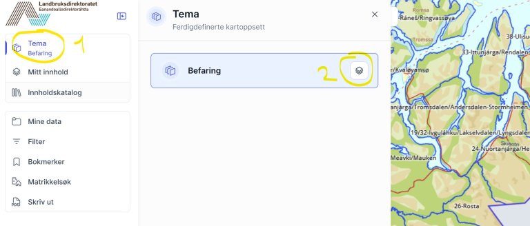 Bilde med vertikal meny til venstre med ringet rundt "Tema befaring", kartvisning til høyre.