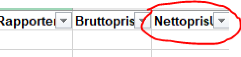 Bilde fra rapporteringssystem som viser kolonne for utfylling av nettopris.