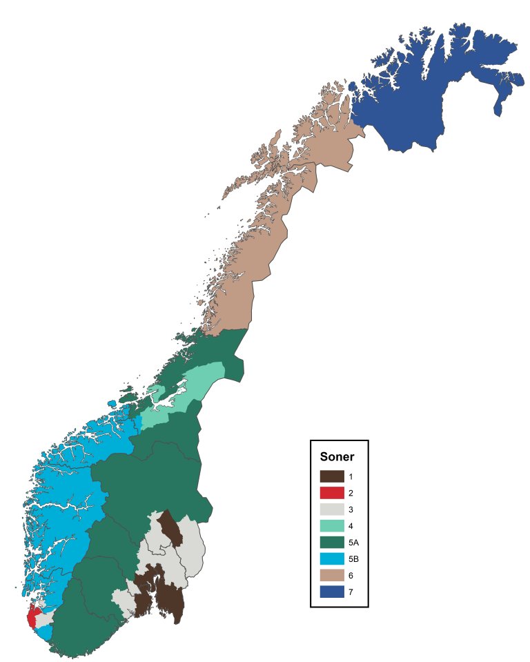 Norgeskart med soneinndelinger i ulike farger.